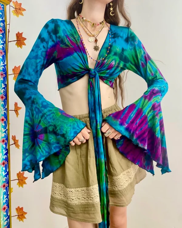 Vibrant Tie-Dye Crop Top with Flared Sleeves - Image 10
