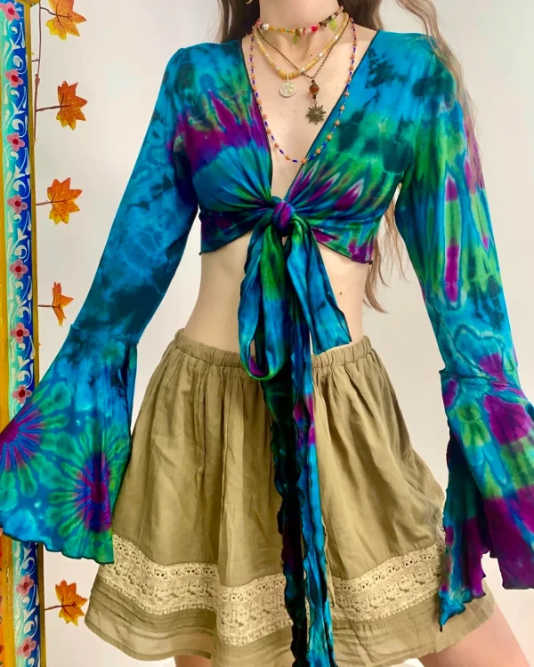 Vibrant Tie-Dye Crop Top with Flared Sleeves - Image 11