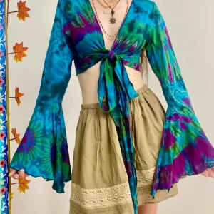 Vibrant Tie-Dye Crop Top with Flared Sleeves