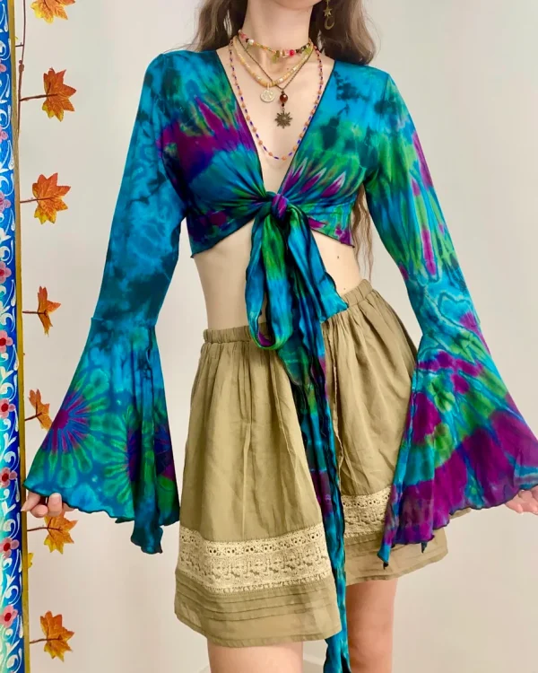 Vibrant Tie-Dye Crop Top with Flared Sleeves