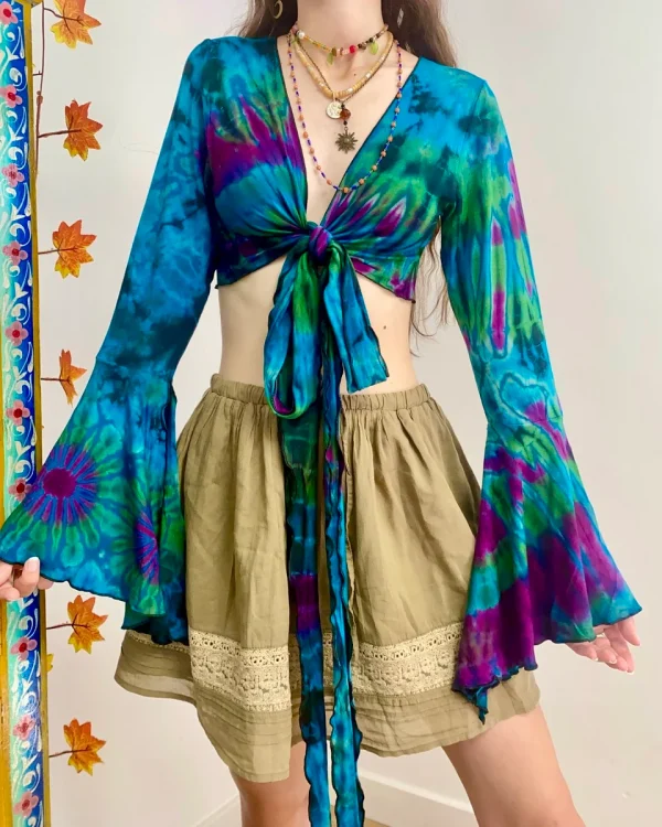 Vibrant Tie-Dye Crop Top with Flared Sleeves - Image 13