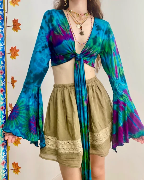 Vibrant Tie-Dye Crop Top with Flared Sleeves - Image 7