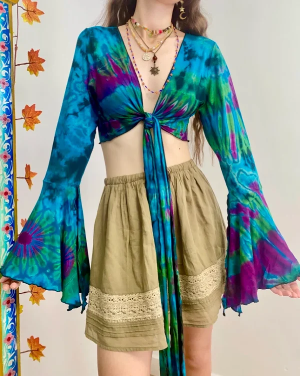 Vibrant Tie-Dye Crop Top with Flared Sleeves - Image 9