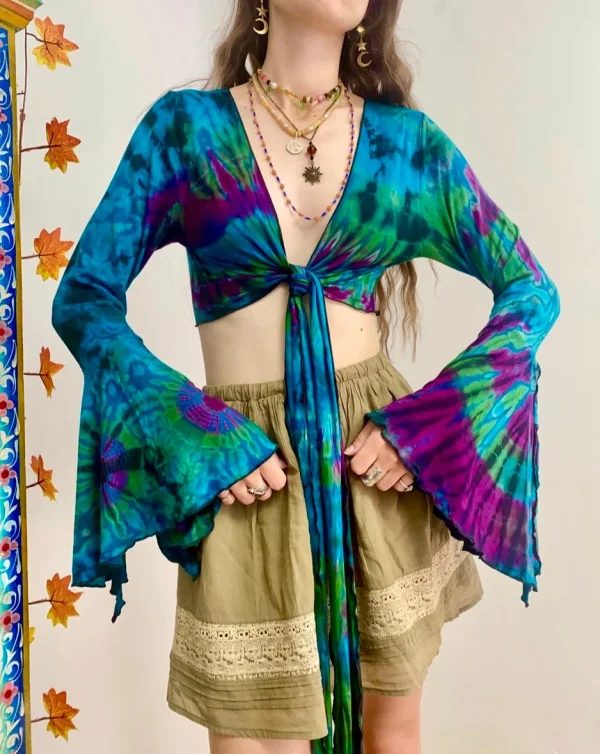 Vibrant Tie-Dye Crop Top with Flared Sleeves - Image 3