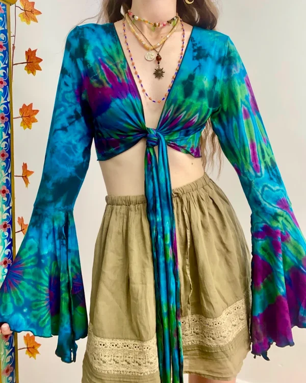 Vibrant Tie-Dye Crop Top with Flared Sleeves - Image 4