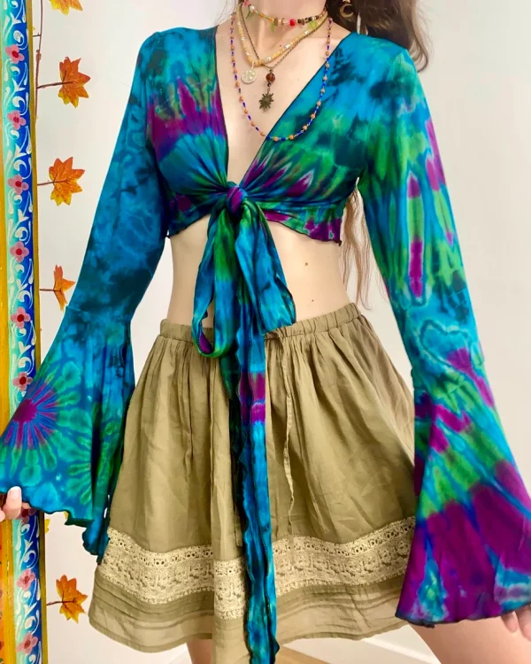 Vibrant Tie-Dye Crop Top with Flared Sleeves - Image 6
