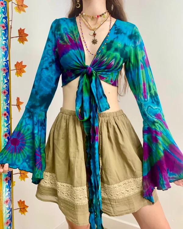 Vibrant Tie-Dye Crop Top with Flared Sleeves - Image 14